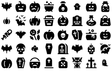 Mega Set Of Vector Halloween Solid Isolated Silhouette Solid Icons With Lantern,Vegetable,Death,Halloween,Cemetery Stroke Icon Collection. Vector Illustration