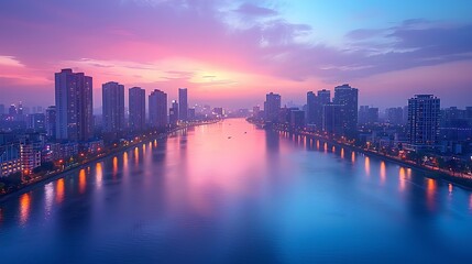 Fototapeta premium Pastel-colored city skyline at dusk, with buildings glowing in soft peach, lavender, and light blue. The calm river below reflects the serene hues. Wide-angle shot, hd quality, natural look.
