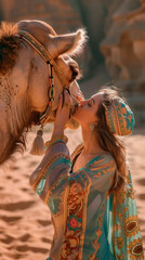 Obraz premium Camel with beautiful Arab girl against backdrop of desert.