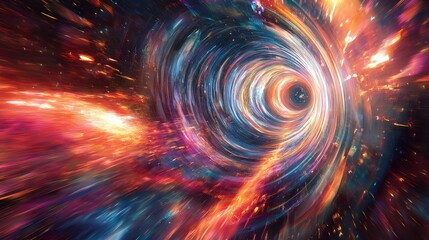 Fototapeta premium A swirling vortex of color and light, depicting a black hole in space with fiery red and blue hues.