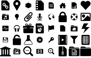 A Collection Of General Icons Silhouette Vector Logo Design Containing Setting,File,Settings,Options,Note Solid Icon Collection. Vector Illustration