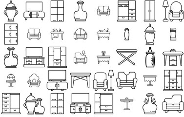 Set Of Furniture Isolated Silhouette Solid Icons With Interior,Table,Decoration,Cupboard,Furniture Pictograms And Infographics Design Elements Vector Illustration