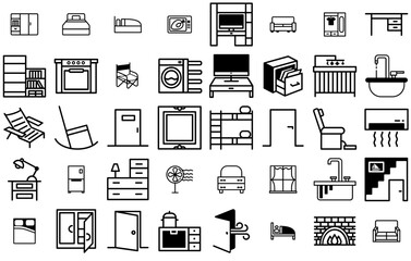 A Collection Of Furniture Icons Web Header Banner Design Containing Furniture,Door,Home,Bed,Chair Vector Icon Set Linear Pictogram Pack