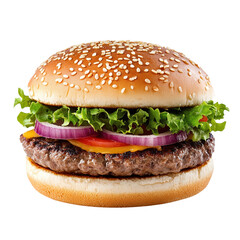 Juicy hamburger featuring sesame seed bun, fresh lettuce, onions, tomatoes, and a flavorful beef patty. isolated on a white background.