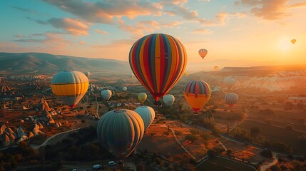 Obraz premium Serene balloon festival with hot air balloons in pastel hues of pink, blue, yellow, and green, gracefully floating over a beautiful landscape under a sunny sky. Wide-angle shot, hd quality,