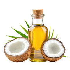A bottle of organic coconut oil surrounded by fresh coconut halves and green palm leaves isolated on a white background.