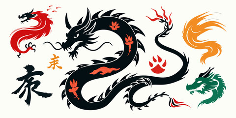 Ink Chinese dragon brushstroke set vector Japanese watercolor tribal tattoo oriental calligraphy kit. Abstract snake silhouette stains, vintage zodiac traditional painting collection. Ink dragon