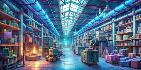 Fototapeta premium A large and shiny warehouse full of electrical appliances and generator lamps and many cartons. octan render