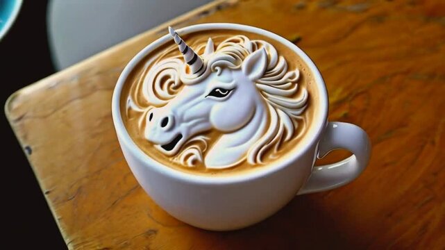 Unicorn face latte art in a white cup on a wooden table.