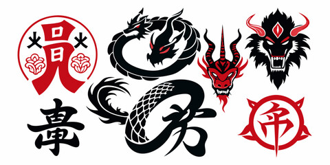 Ink Chinese dragon brushstroke set vector Japanese watercolor tribal tattoo oriental calligraphy kit. Abstract snake silhouette stains, vintage zodiac traditional painting collection. Ink dragon