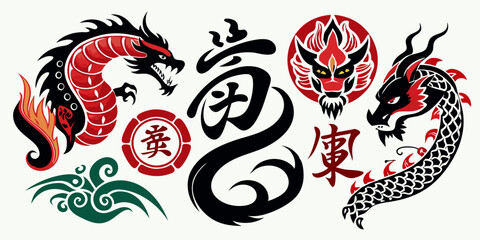 Ink Chinese dragon brushstroke set vector Japanese watercolor tribal tattoo oriental calligraphy kit. Abstract snake silhouette stains, vintage zodiac traditional painting collection. Ink dragon