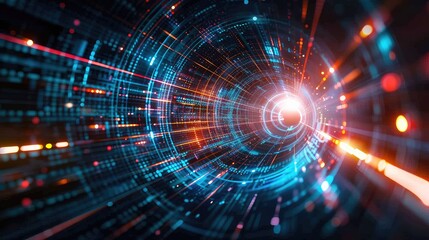 Fototapeta premium Abstract digital tunnel with glowing lines and bright light at the end. Perfect for futuristic, technology, and data concepts.