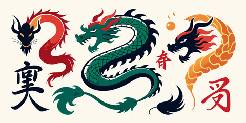 Ink Chinese dragon brushstroke set vector Japanese watercolor tribal tattoo oriental calligraphy kit. Abstract snake silhouette stains, vintage zodiac traditional painting collection. Ink dragon