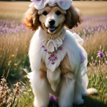  Halloween theme, A Poodle dressed as a ghost, frolicking in a sunlit meadow with a bokeh effect from nearby flowers.
