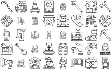 A Collection Of Firefighter Icons Collection Isolated Silhouette Solid Icons Including Water,Rescue,Safety,Emergency,Tool Vector Icon Set Linear Pictogram Pack