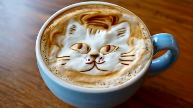 3d cat face latte art in a blue cup on a wooden table.