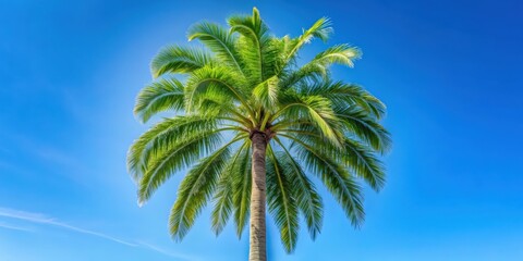 Tall palm tree with lush green leaves against a clear blue sky, tropical, exotic, vacation, paradise, nature, summer