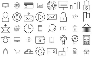 A Collection Of Finance And Marketing Line Icon Icons Collection Isolated Silhouette Solid Icons Including Shopping,Internet,Buy,Payment,Business Solid Icon Collection. Vector Illustration