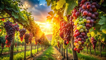 Fototapeta premium Rustic Italian Vineyard with Vines and Grape Clusters in Warm Sunlight, Red and Green