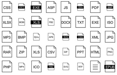 Mega Set Of Vector File Type Extensions Isolated Silhouette Solid Icons With Extension,File-Type,Format,Document,File-Format Simple Black Style Symbol Sign For Apps And Website, Vector Illustration