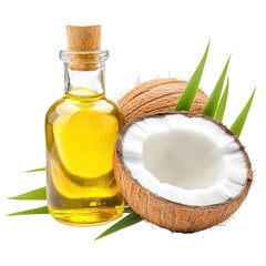 Coconut oil in a glass bottle alongside a fresh coconut and green leaves isolated on a white background.