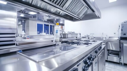 Obraz premium Organized Commercial Kitchen with Stainless Steel Appliances and Culinary Equipment