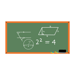 Hand drawn math signs on chalk board. Graphic and formula, mathematical, geometric or physic doodle on blackboard, neoteric vector symbols