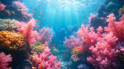 Vibrant underwater world with pastel coral reefs, fish, and sea creatures in soft pink, blue, yellow, and green hues. Clear blue water illuminated by gentle sunlight. Wide-angle shot, hd quality,