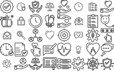 A Collection Of Ethics Isolated Silhouette Solid Icons With Heart,Hand,Time,Law,Care Set Vector Flat Line Icons