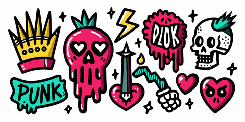 Grunge doodle print set, vector black line tattoo punk element, love heart sign, skull, hands. Ink marker scribble collection, urban graffiti sketch, wax crayon pen emo icon. Grunge doodle y2k designc
