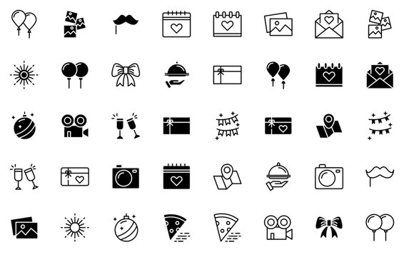 A Collection Of Event Icons Silhouette Vector Logo Design Containing Birthday,Picture,Photo,Party,Festival Solid Icon Collection. Vector Illustration