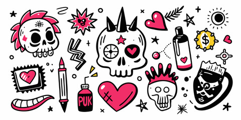 Grunge doodle print set, vector black line tattoo punk element, love heart sign, skull, hands. Ink marker scribble collection, urban graffiti sketch, wax crayon pen emo icon. Grunge doodle y2k designc
