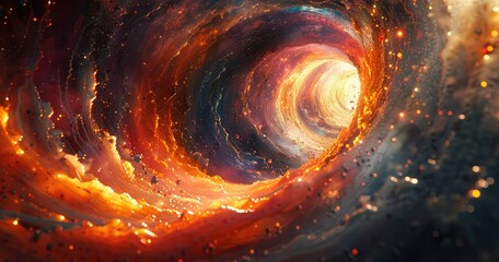 Abstract swirling fiery vortex with glowing particles, resembling a cosmic portal or celestial event.