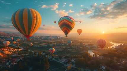 Fototapeta premium A clear, sunny sky filled with hot air balloons in pastel colors of pink, blue, yellow, and green, gracefully floating over a picturesque landscape. Wide-angle shot, hd quality, natural look.
