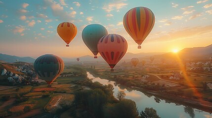 Fototapeta premium A clear, sunny sky filled with hot air balloons in pastel colors of pink, blue, yellow, and green, gracefully floating over a picturesque landscape. Wide-angle shot, hd quality, natural look.