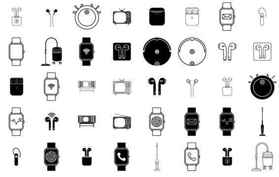 Set Of Linear Electronic Vector Symbols Apps, Websites Ui Designs Suitable For Earpods,Earphone,Airpods,Bluetooth-Earphone,Wireless Outline Icons Collection. Simple Vector Illustration