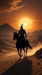 Silhouetted knight on horseback rides through the desert at sunset.