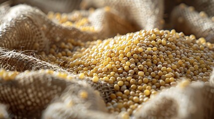 A close-up view of a mix of organic grains like millet, amaranth, and buckwheat displayed on a textured rustic cloth, with soft, diffused light creating subtle shadows and highlights. Realistic,