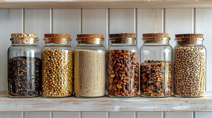 A close-up view of glass jars filled with various grains, arranged in a row on a white shelf, with the soft, diffused light creating subtle shadows and highlights. Realistic, detailed, hd quality,