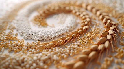 A close-up view of various grains meticulously arranged in a spiral pattern on a smooth white background, with soft, diffused light creating subtle shadows and highlights. Realistic, detailed,