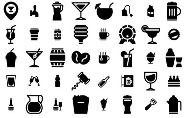 Set Of Drinks Glyph Vector Symbols Apps, Websites Ui Designs Suitable For Beverage,Drink,Wine,Alcohol,Drinks Solid Icon Collection. Vector Illustration