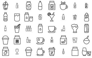 Set Of Drinks Icons Silhouette Vector Logo Design Containing Bottle,Drink,Beverage,Milk,Glass Stroke Icon Collection. Vector Illustration