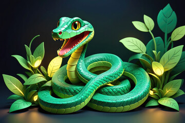 Fototapeta premium A green snake with its mouth open is surrounded by green leaves