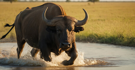 Fototapeta premium A majestic African buffalo charges through shallow water, its powerful build and sharp horns on full display. Perfect for wildlife documentaries, African safari brochures, or articles on endangered sp