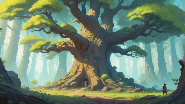 tomo the talking tree an ancient tree sharing wisdom a game concept cartoon