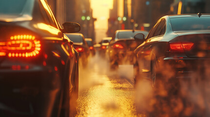 Cars in a traffic jam emit smoke from exhaust pipes on a city street. The realistic scene captures air pollution at golden hour with sharp focus