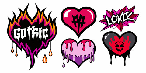 Gothic Heart Tattoo Collection, Abstract Vector Love Logos, Graffiti-Inspired Rock Flame Designs, Retro Punk Stickers, Neotribal Web Gothic Decor with Dripping Heart Prints.