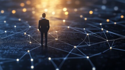 Obraz premium A lone figure in formal attire stands on a futuristic networked surface, illuminated by connected nodes under a glowing sunset.