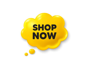 Shop now tag. Comic speech bubble 3d icon. Special offer sign. Retail Advertising symbol. Shop now chat offer. Speech bubble comic banner. Discount balloon. Vector
