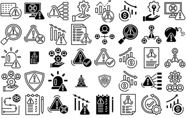 Set Of Linear Crisis Management Icons Silhouette Vector Logo Design Containing Risk-Assessment,Emergency,Security,Contingency,Crisis Set Vector Flat Line Icons